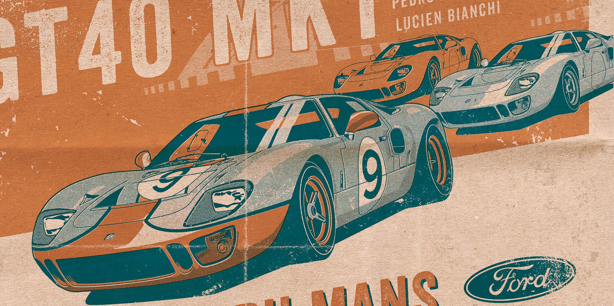 Ford GT40 Illustration – Poster 24 Stunden von Le Mans – Sieger 1968 – Pedro Rodriguez und Lucien Bianchi – Detail