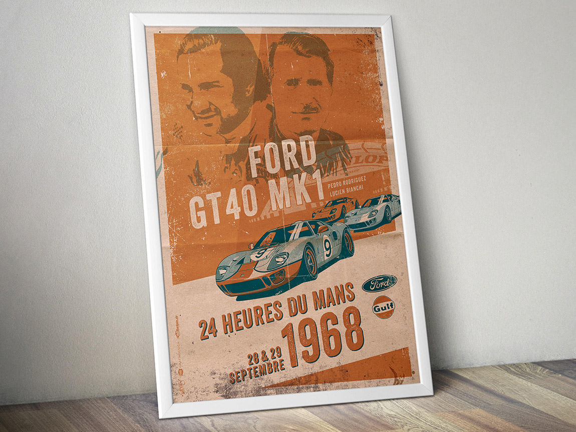 Ford GT40 Illustration – Poster 24 Stunden von Le Mans – Sieger 1968 – Pedro Rodriguez und Lucien Bianchi – Poster im Rahmen