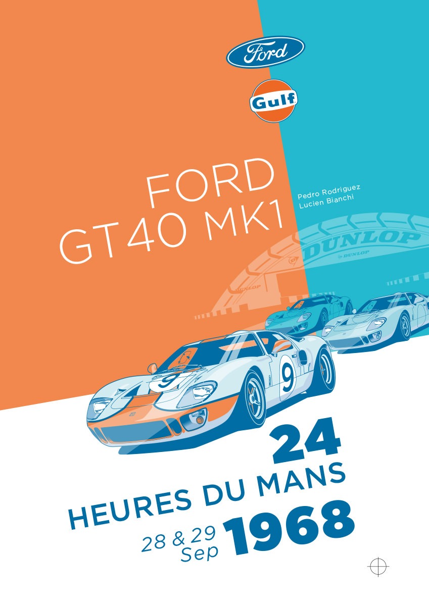 Ford GT40 Illustration – Poster 24 Stunden von Le Mans – Sieger 1968 – Pedro Rodriguez und Lucien Bianchi – Alternativlayout 3