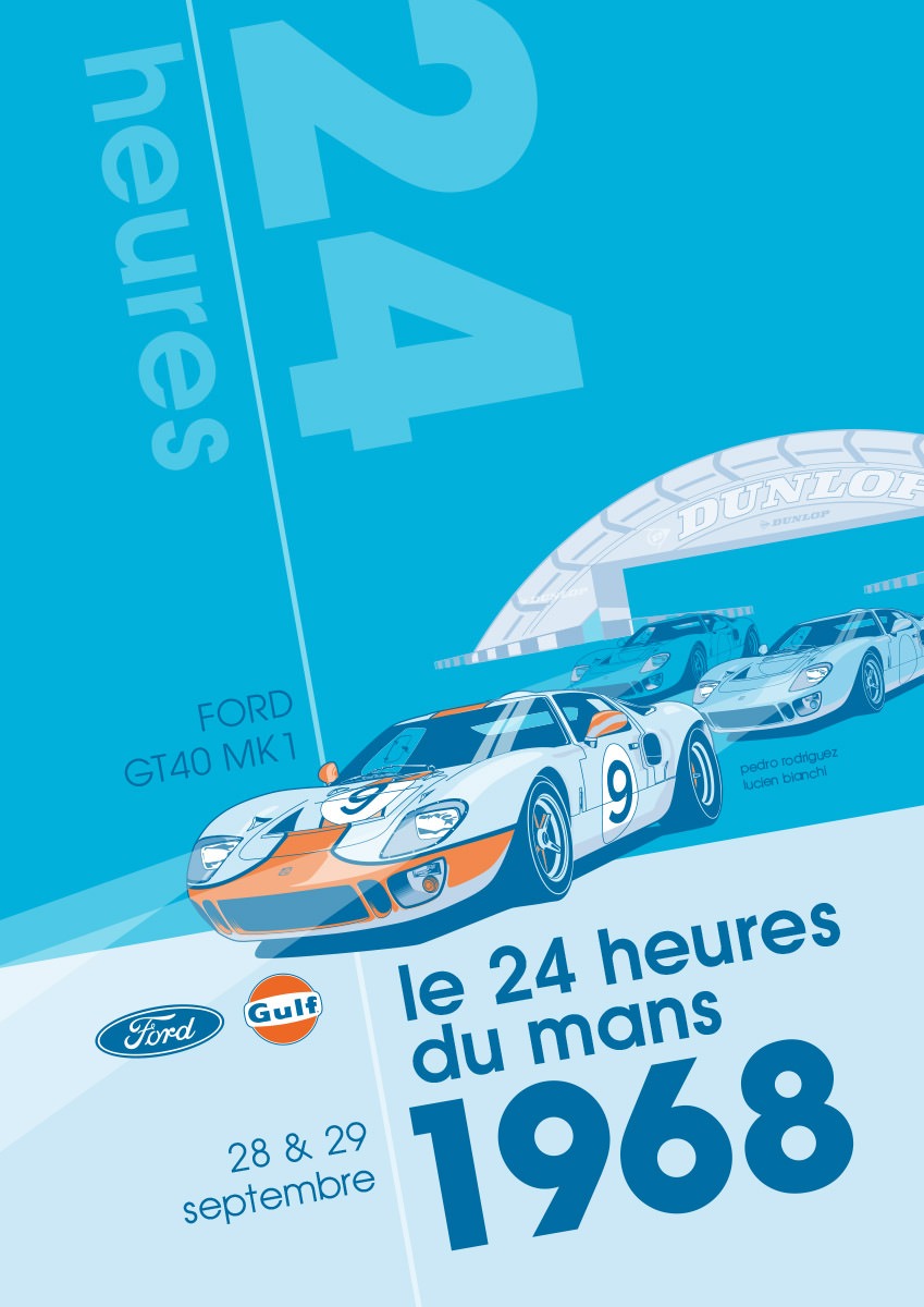 Ford GT40 Illustration – Poster 24 Stunden von Le Mans – Sieger 1968 – Pedro Rodriguez und Lucien Bianchi – Alternativlayout 5