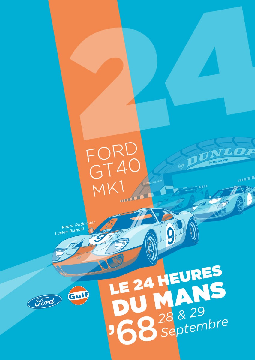 Ford GT40 Illustration – Poster 24 Stunden von Le Mans – Sieger 1968 – Pedro Rodriguez und Lucien Bianchi – Alternativlayout 6