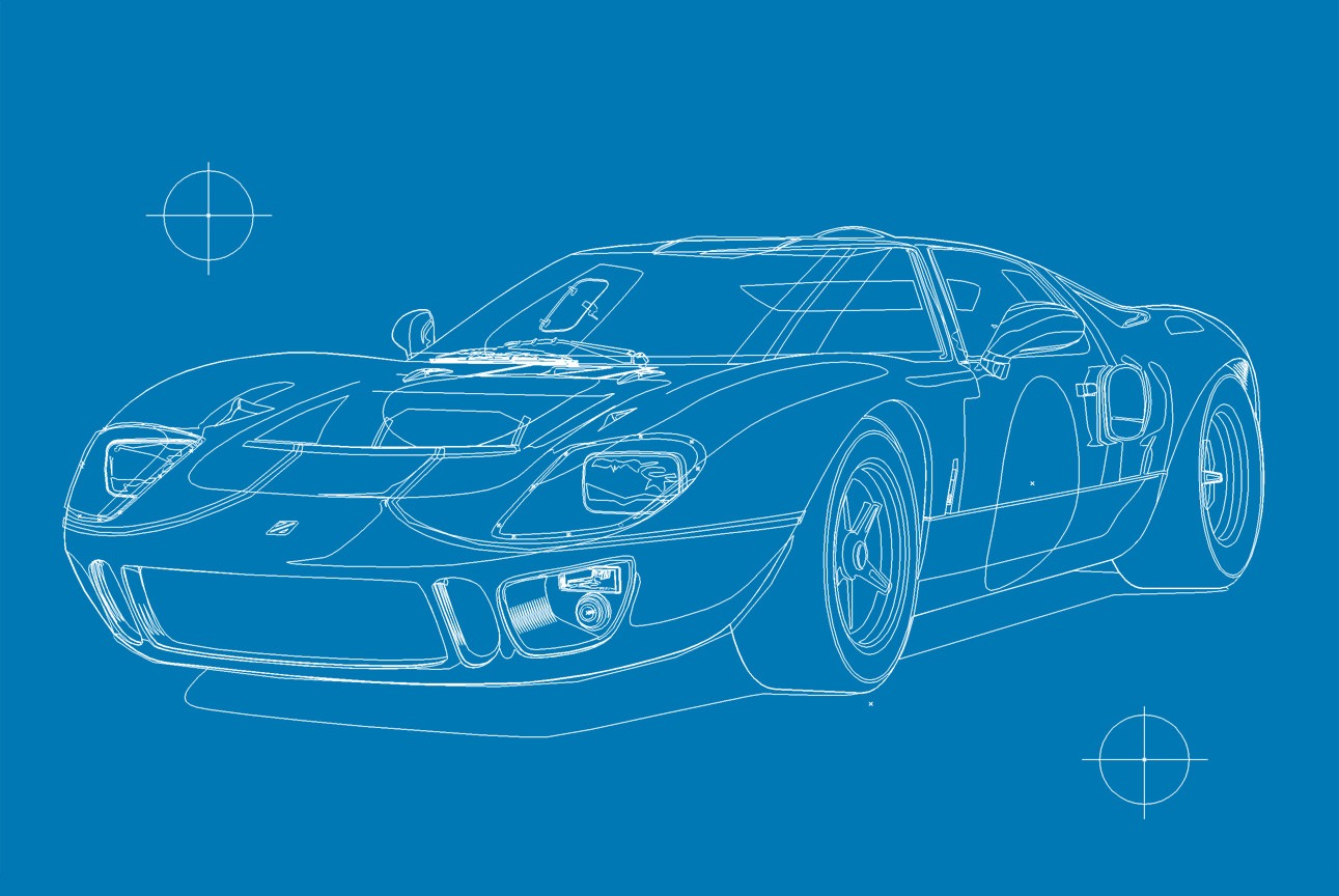 Ford GT40 Illustration – Poster 24 Stunden von Le Mans – Sieger 1968 – Pedro Rodriguez und Lucien Bianchi – Wireframe